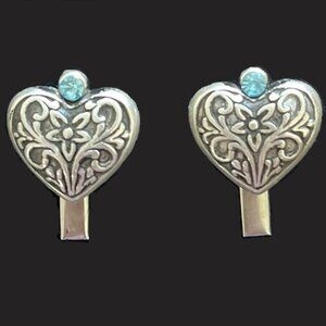 🆕 SET of 2 Vintage Silver Filigree Heart Hair Clips | Swarovski Crystal Blue